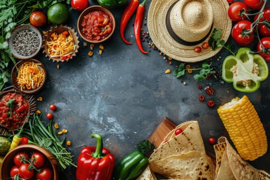 Cinco de Mayo holiday background with party sombrero hat, drinks and citrus on blue background. ai generated