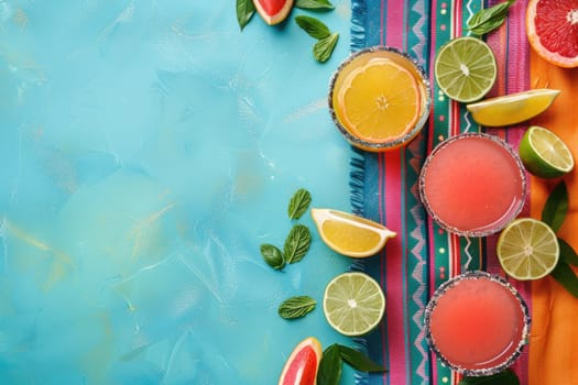 Cinco de Mayo holiday background with party sombrero hat, drinks and citrus on blue background. ai generated