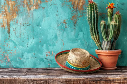 Cinco de Mayo holiday background with Mexican cactus and party sombrero hat on wooden table. ai generated