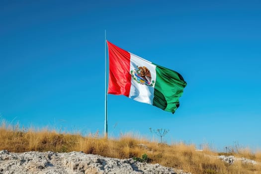 Flag of Mexico over blue cloudy sky, cinco de mayo concept. ai generated