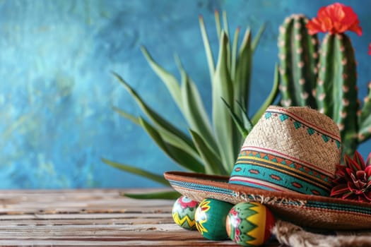 Cinco de Mayo holiday background with Mexican cactus and party sombrero hat on wooden table. ai generated