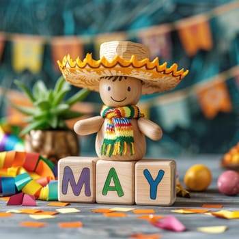 Save the date white block calendar for Cinco de Mayo, May 5, with fun Mexican cactus and hat. ai generated