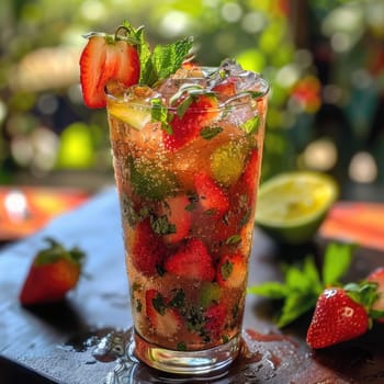 Fresh strawberry mojito drink on a vintage wooden dark table. ai generated