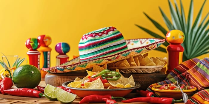 vibrant Cinco de Mayo flat lay with a sombrero, poncho, maracas, tequila shots, lime, chili peppers, nacho chips, salsa on a bright yellow backdrop. AI Generated