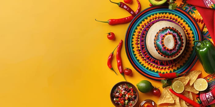 vibrant Cinco de Mayo flat lay with a sombrero, poncho, maracas, tequila shots, lime, chili peppers, nacho chips, salsa on a bright yellow backdrop. AI Generated