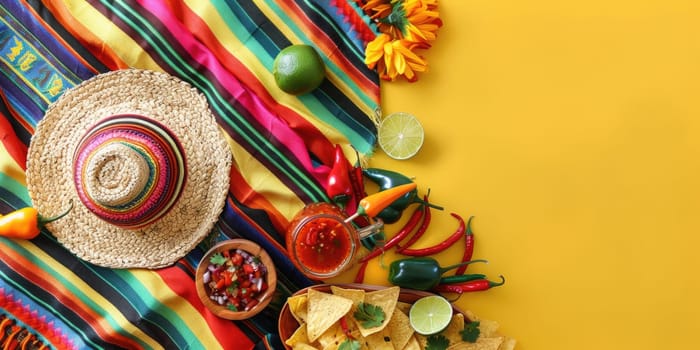 vibrant Cinco de Mayo flat lay with a sombrero, poncho, maracas, tequila shots, lime, chili peppers, nacho chips, salsa on a bright yellow backdrop. AI Generated