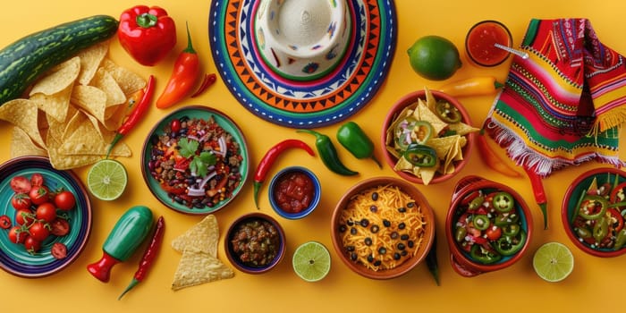 vibrant Cinco de Mayo flat lay with a sombrero, poncho, maracas, tequila shots, lime, chili peppers, nacho chips, salsa on a bright yellow backdrop. AI Generated