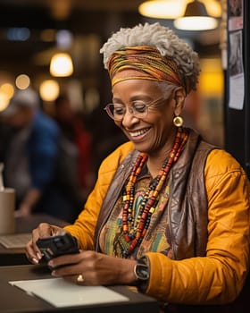 Portrait of a happy African American woman sitting in a cafe with a phone. High quality photo