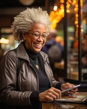 Portrait of a happy African American woman sitting in a cafe with a phone. High quality photo