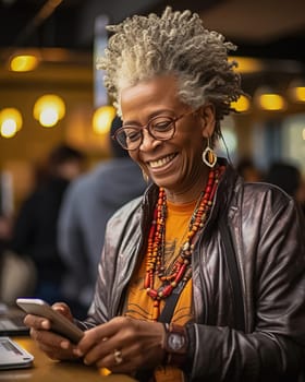 Portrait of a happy African American woman sitting in a cafe with a phone. High quality photo