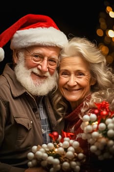 Happy aged couple with gifts for Christmas. High quality photo