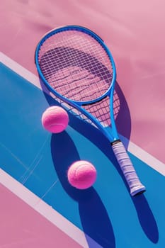 Close up of tennis rackets and tennis balls lying on pink tennis court. ai generated