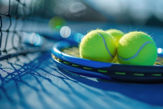 Close up of tennis rackets and tennis balls lying on blue tennis court. ai generated