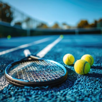 Close up of tennis rackets and tennis balls lying on blue tennis court. ai generated