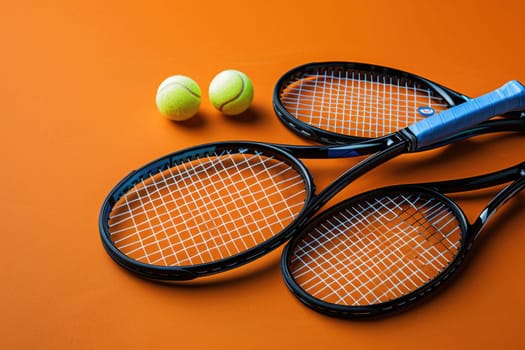 Close up of tennis rackets and tennis balls lying on orange tennis court. ai generated