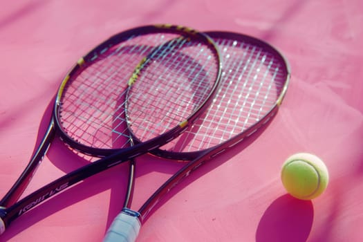 Close up of tennis rackets and tennis balls lying on pink tennis court. ai generated