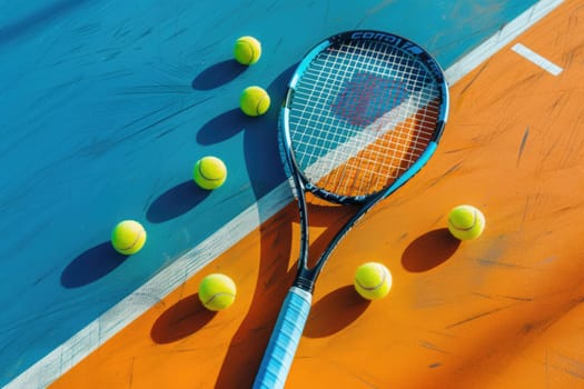 Close up of tennis rackets and tennis balls lying on orange tennis court. ai generated