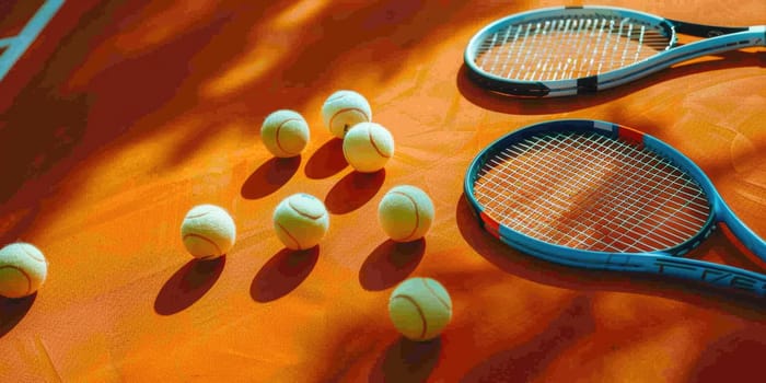 Close up of tennis rackets and tennis balls lying on orange tennis court. ai generated