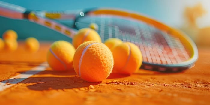 Close up of tennis rackets and tennis balls lying on orange tennis court. ai generated