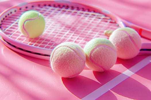 Close up of tennis rackets and tennis balls lying on pink tennis court. ai generated