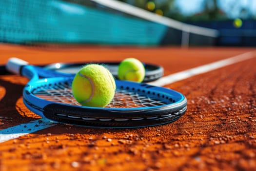 Close up of tennis rackets and tennis balls lying on orange tennis court. ai generated
