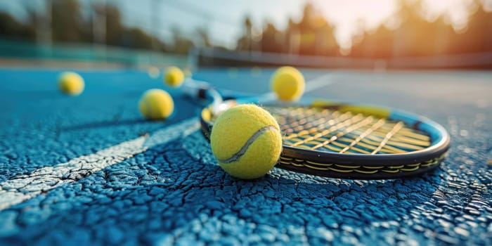 Close up of tennis rackets and tennis balls lying on green tennis court. ai generated