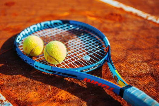 Close up of tennis rackets and tennis balls lying on orange tennis court. ai generated