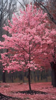 A beautiful cherry blossom tree with pink flowers stands gracefully in a park, surrounded by lush grass and other colorful plants