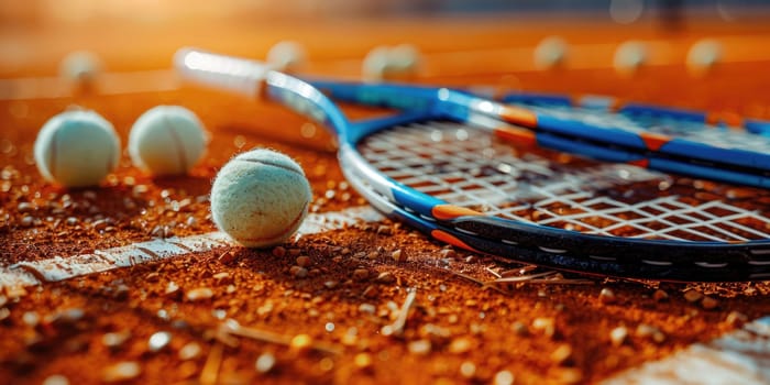 Close up of tennis rackets and tennis balls lying on green tennis court. ai generated