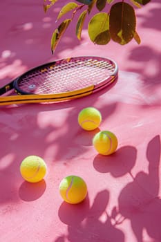 Close up of tennis rackets and tennis balls lying on pink tennis court. ai generated