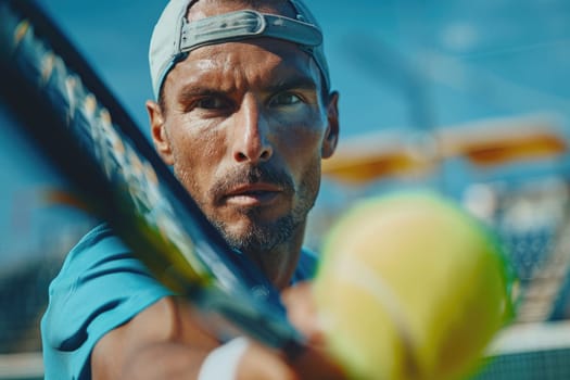 closeup of man plays tennis on the court. ai generated