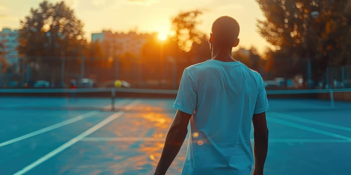 closeup of man plays tennis on the court at dawn. ai generated