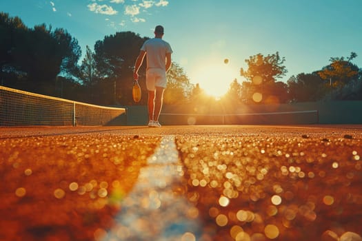 closeup of man plays tennis on the court at dawn. ai generated