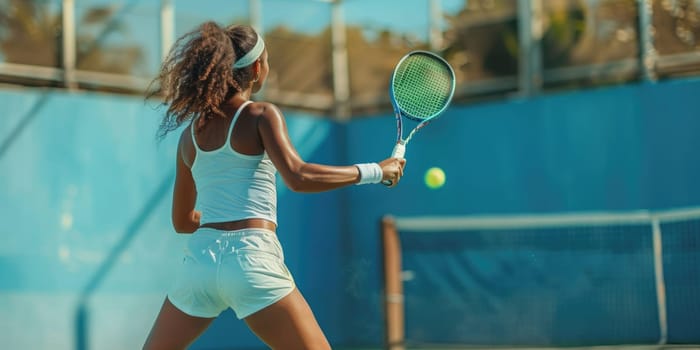 woman playing tennis on blue court. ai generated