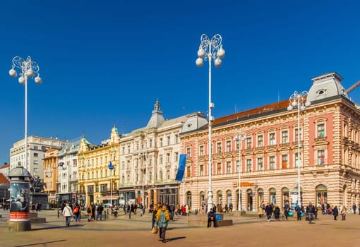 Zagreb, Croatia - 4 of March, 2023: View of the main square in Zagreb (Trg bana Josipa Jelačića). High quality photo