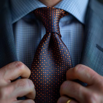 Close-up of a hand adjusting a tie, representing professionalism, fashion, and preparation.