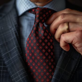 Close-up of a hand adjusting a tie, representing professionalism, fashion, and preparation.