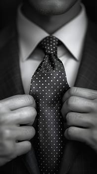 Close-up of a hand adjusting a tie, representing professionalism, fashion, and preparation.