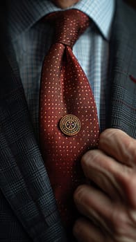 Close-up of a hand adjusting a tie, representing professionalism, fashion, and preparation.