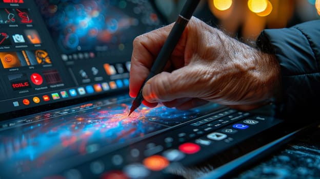 Close-up of a hand drawing on a digital tablet, showcasing modern artistry and digital design.
