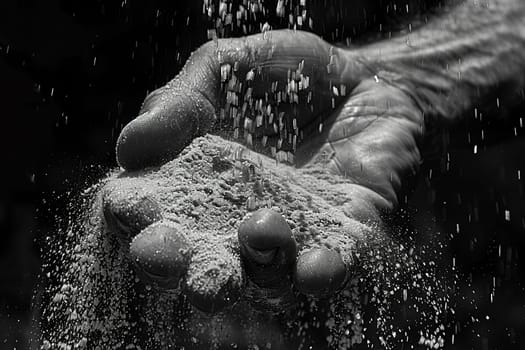 Close-up of a hand pouring sand through fingers, symbolizing time, loss, and impermanence.