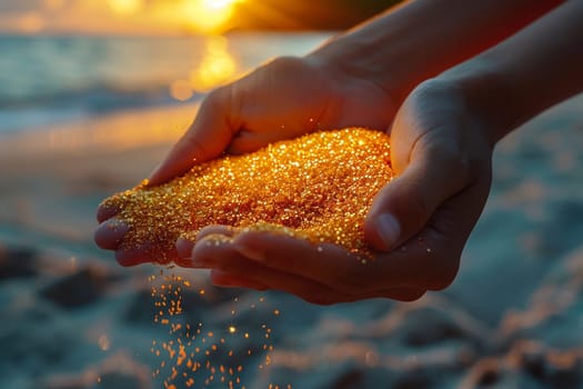 Close-up of a hand pouring sand through fingers, symbolizing time, loss, and impermanence.