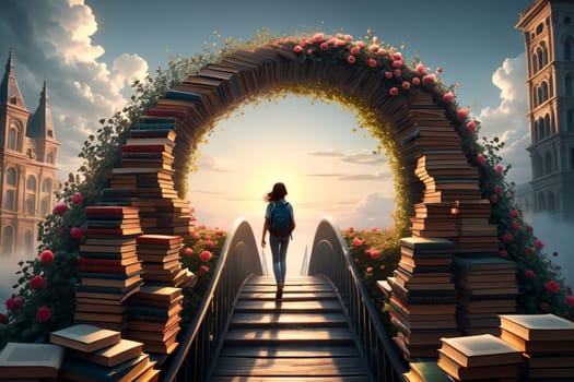 a girl walks along the bridge of knowledge, the road of learning.