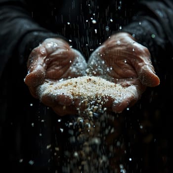 Close-up of a hand pouring sand through fingers, symbolizing time, loss, and impermanence.