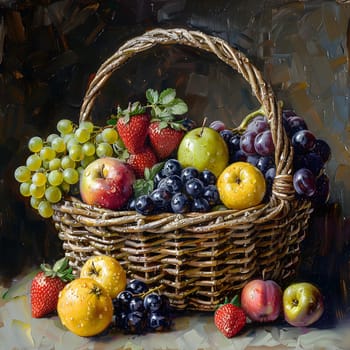 A handwoven wicker basket filled with a variety of natural foods including grapes, apples, and strawberries, creating an artful display of colorful and nutritious produce from the local food group