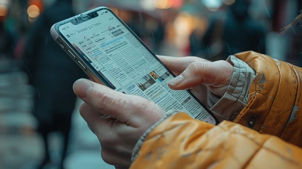 Close-up of fingers scrolling through a news feed on a phone, representing information consumption.