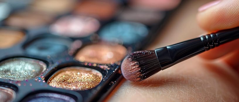 Fingers applying makeup with a brush, showcasing beauty routines and personal care.