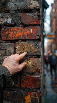 Fingers brushing against a brick wall, symbolizing texture, stability, and urban life.