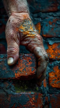 Fingers brushing against a brick wall, symbolizing texture, stability, and urban life.