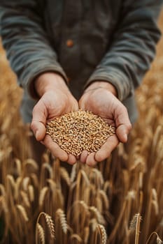 farmer holds grains of wheat in his hands against the background of a field, food, Generative AI,